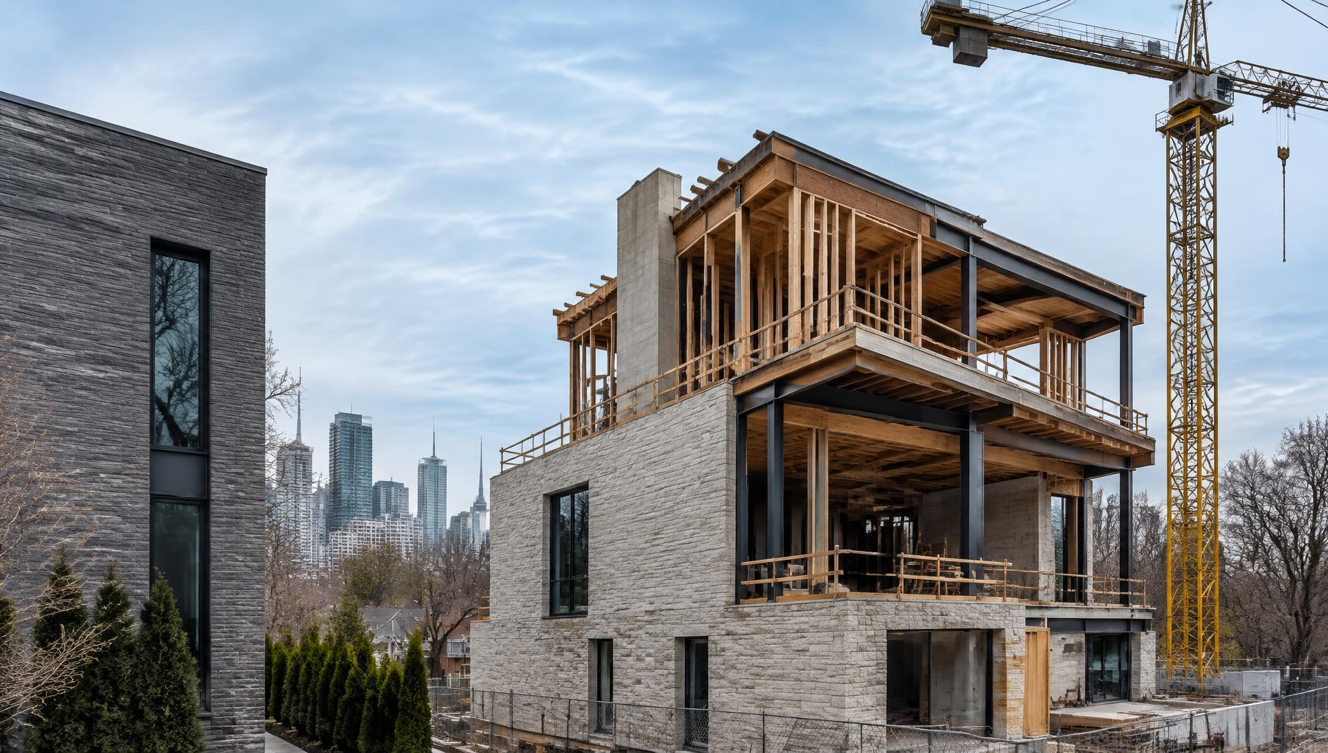 Architectural concept image of a Toronto custom home under construction with exposed framing and a crane